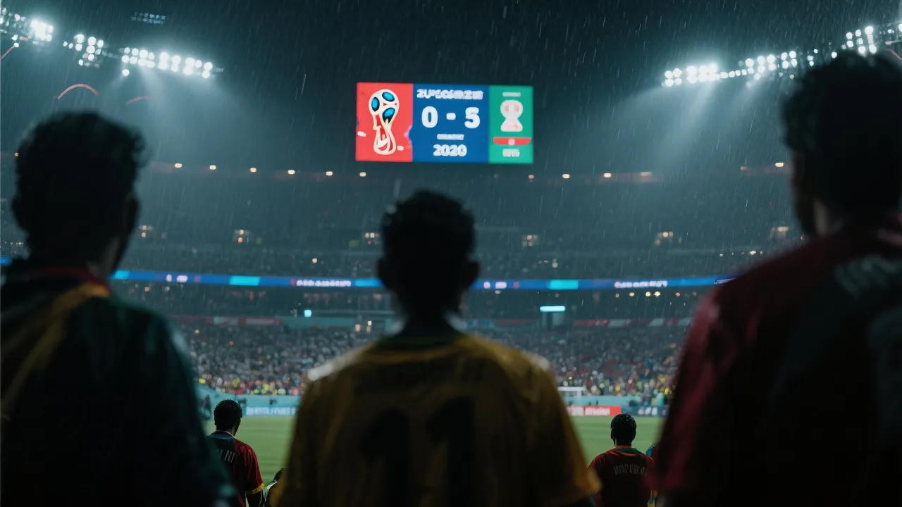 世界杯小组赛末轮夜晚的紧张氛围：记分牌、球迷剪影与雨夜灯光